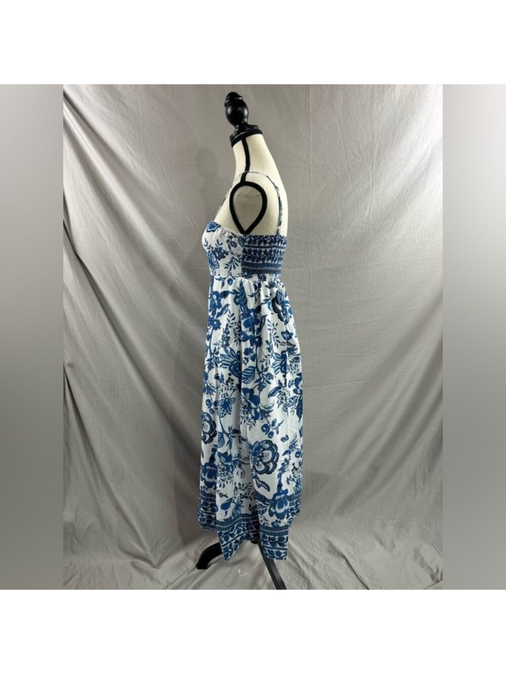 Blue/White Floral Spaghetti Strap Shirred Dress - Picture 7 of 8